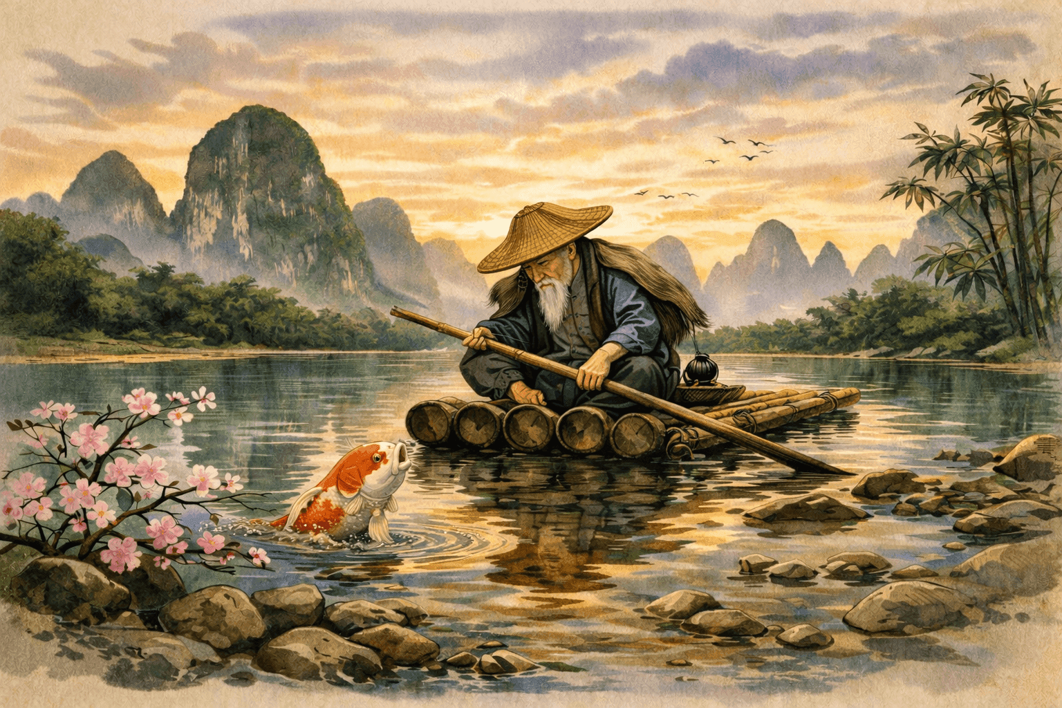 El Pez Koi y el Sabio Pescador: Un Diálogo a Orillas del Río de la Vida